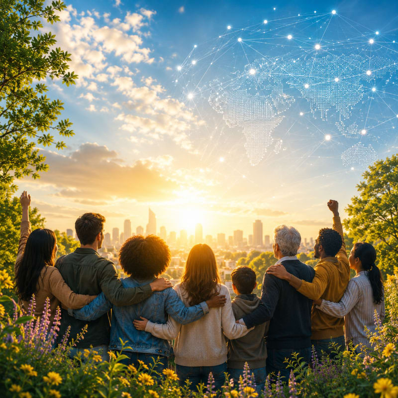 A diverse group of people stand with arms around each other in a field of flowers, looking towards a city skyline under a sky filled with a glowing sun and a digital representation of the Earth.