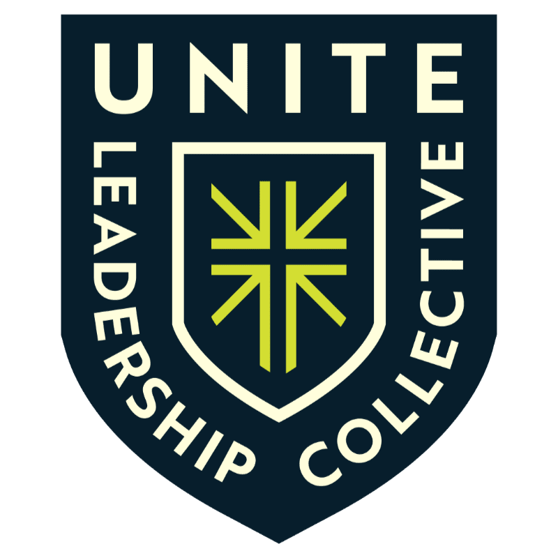 A dark blue shield with the words "UNITE LEADERSHIP COLLECTIVE" curved around a central emblem of a stylized yellow cross on a white background.
