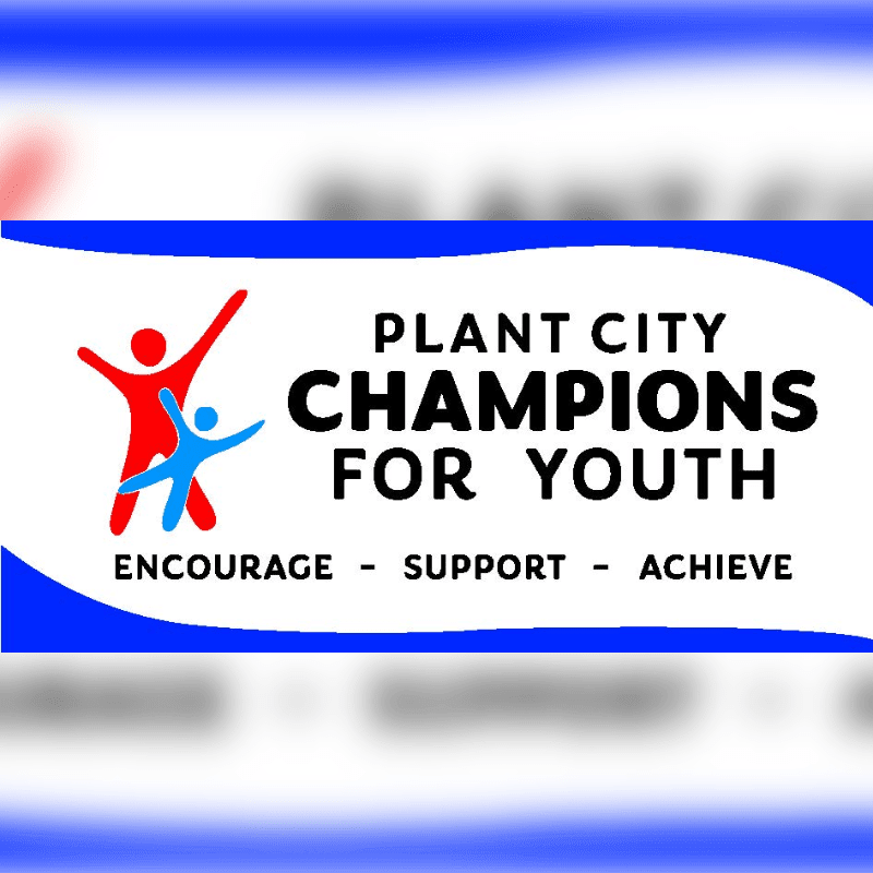 Red and blue figures representing youth are in the foreground, with the text "PLANT CITY CHAMPIONS FOR YOUTH" and "ENCOURAGE - SUPPORT - ACHIEVE" above a blurred blue and white background.