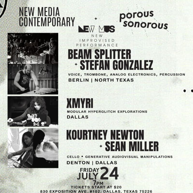 A black and white flyer advertises a "New Media Contemporary" event featuring "New Improvised Performance" by various artists, with images of performers in the foreground and event details in the background.