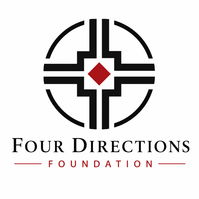 A stylized circular logo with intersecting lines and a red diamond in the center sits above the text "FOUR DIRECTIONS FOUNDATION" on a white background.
