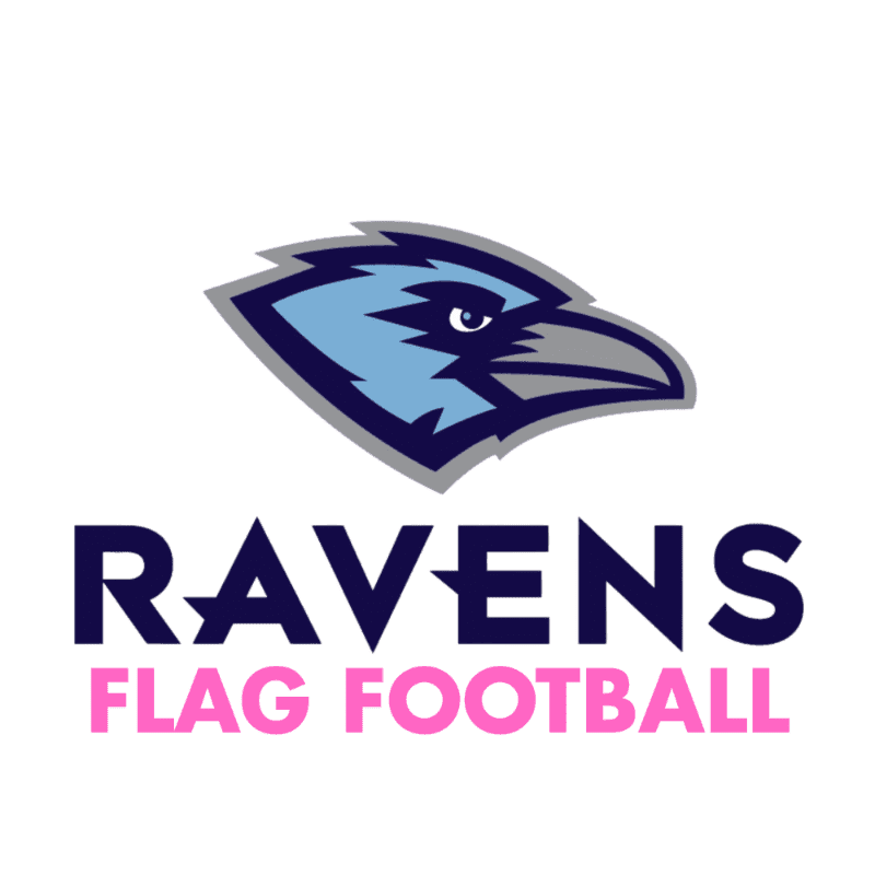 A stylized blue raven logo hovers above bold navy text reading "RAVENS" and pink text reading "FLAG FOOTBALL" on a white background.