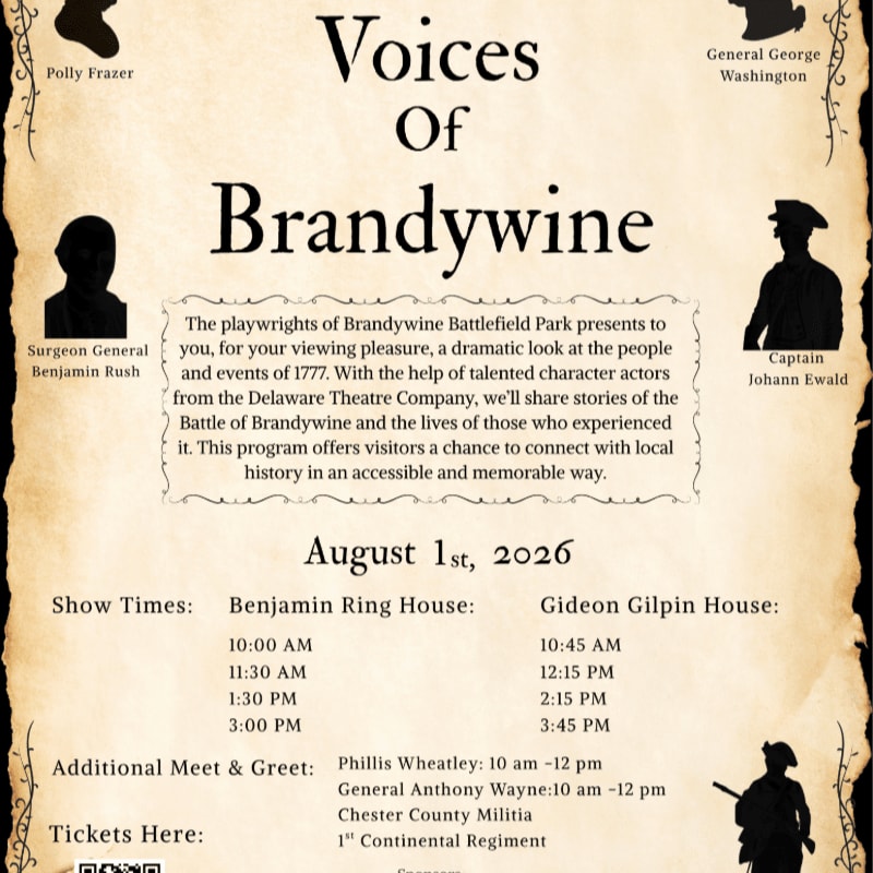 A sepia-toned flyer advertises "Voices Of Brandywine" with historical figures in silhouette and event details in the foreground.