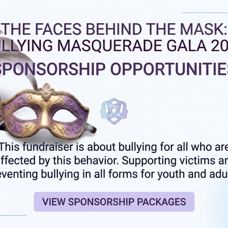 A purple and gold masquerade mask rests in the foreground against a white background with text about a bullying awareness gala and sponsorship opportunities.