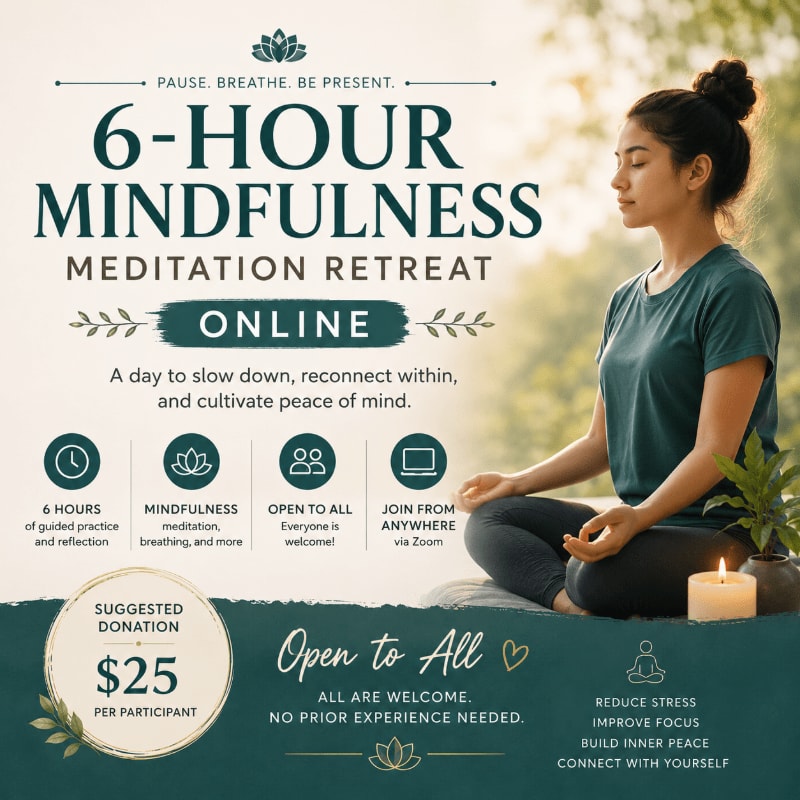 A woman meditates in the foreground with a candle and plant, while the background features text advertising a 6-hour online mindfulness meditation retreat.