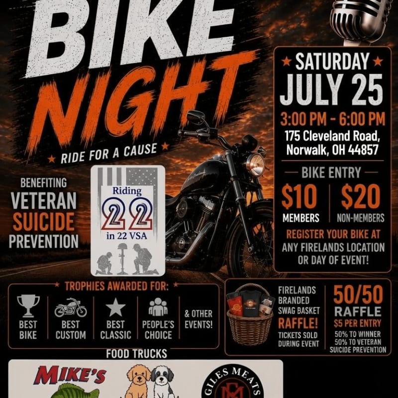 A motorcycle is featured in the foreground of a "Bike Night" event poster, with event details and sponsor logos filling the background.