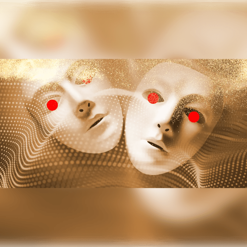 Two white masks with glowing red eyes emerge from a shimmering, dotted background.