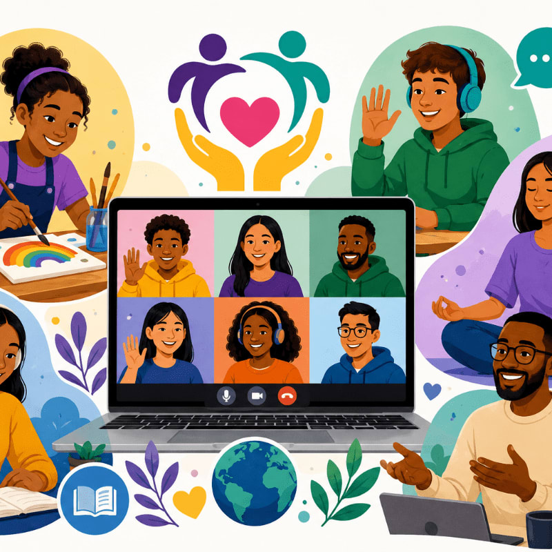 A laptop screen displays a video call with six smiling faces, while in the foreground, people engage in various activities like drawing, meditating, and studying, all set against a backdrop of colorful shapes and a heart-shaped logo.