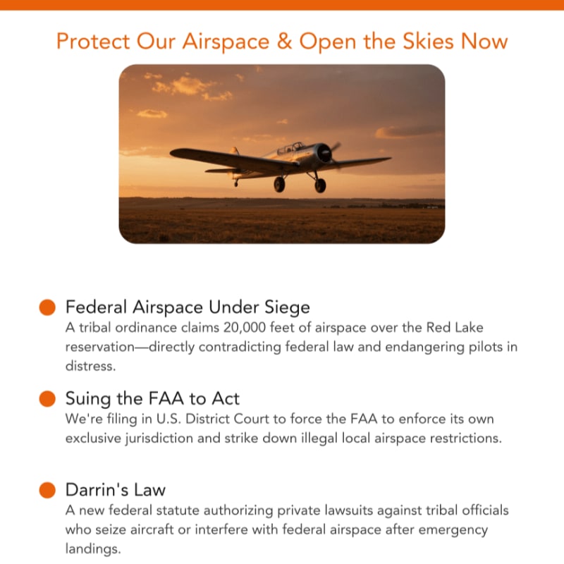 A small airplane flies low over a grassy field against a sunset sky, with text below detailing legal actions concerning federal airspace.