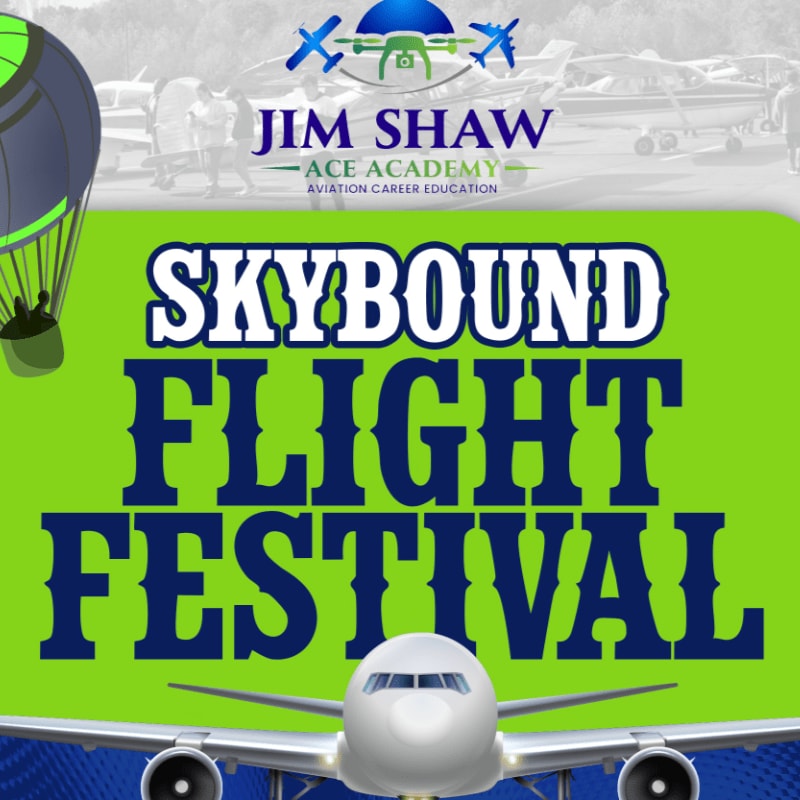 A hot air balloon and the nose of an airplane are in the foreground, with a banner for the "Skybound Flight Festival" and a logo for "Jim Shaw Ace Academy" above a background of parked airplanes.