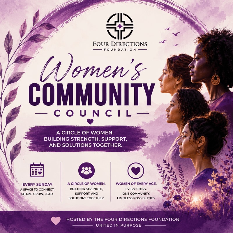 Four women of diverse backgrounds are featured in the foreground against a purple-hued background with floral accents and text promoting a "Women's Community Council."