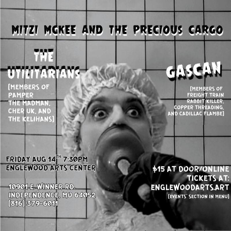 A black and white flyer advertises a concert with a close-up of a person in a shower cap holding a plunger to their mouth, with band names and event details overlaid.