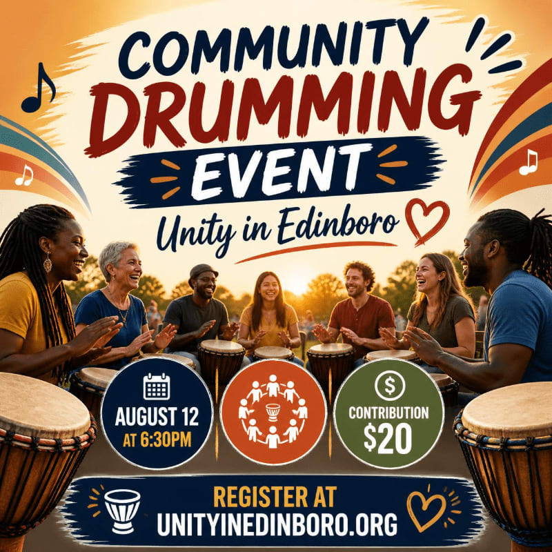 A diverse group of people joyfully drum together in the foreground, with a warm, sunset-lit background featuring event details.