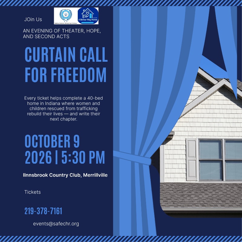 A blue curtain frames a white house with a gray roof in the background, while the foreground displays event details for "Curtain Call for Freedom."