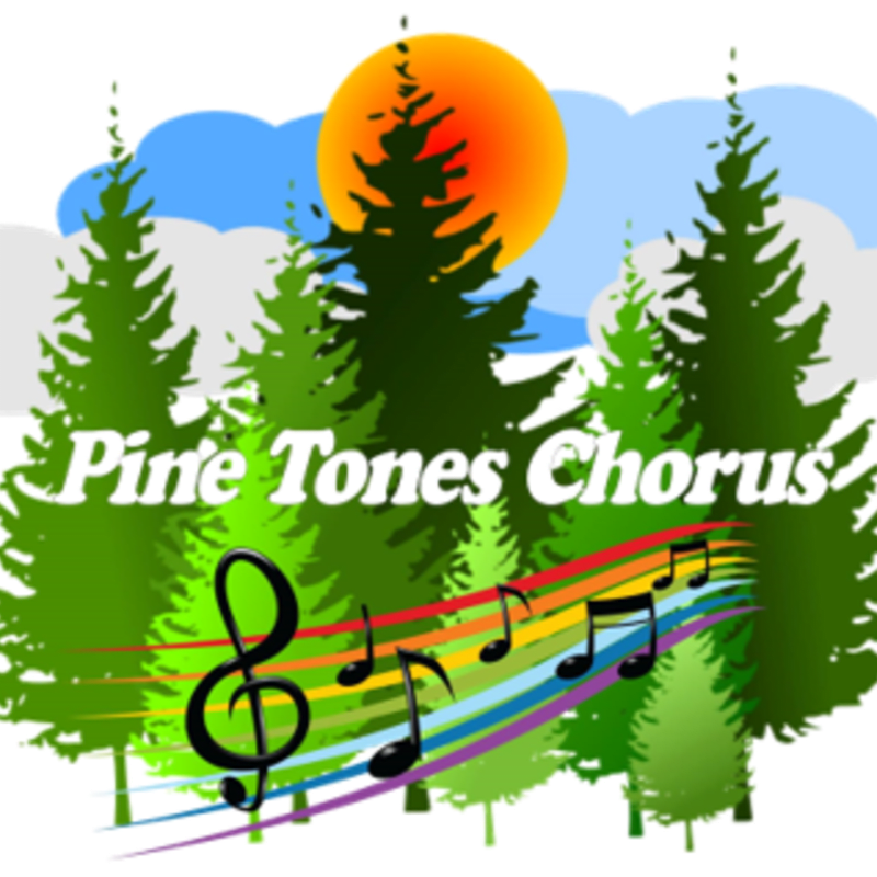 A treble clef and musical notes float across a rainbow in front of pine trees and a setting sun.