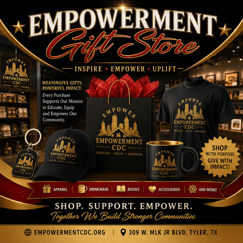 In the foreground, a collection of branded merchandise like a t-shirt, mug, hat, and keychain are displayed, while the background features the "EMPOWERMENT Gift Store" logo and promotional text.