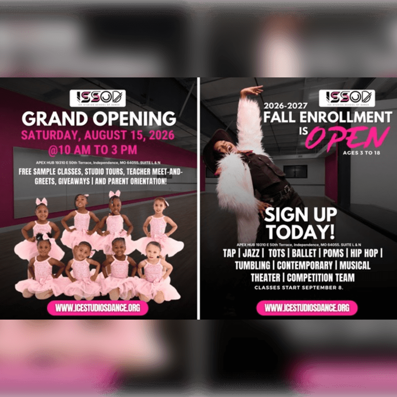 A group of young dancers in pink tutus are in the foreground of a flyer announcing a grand opening, while another flyer in the background advertises fall enrollment with a dancer in a white fluffy boa.