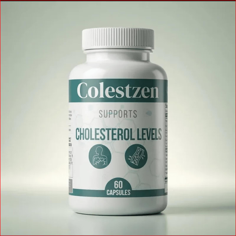 A white bottle of "Colestzen" supplements, designed to support cholesterol levels, sits on a light gray surface against a softly lit, gradient background.