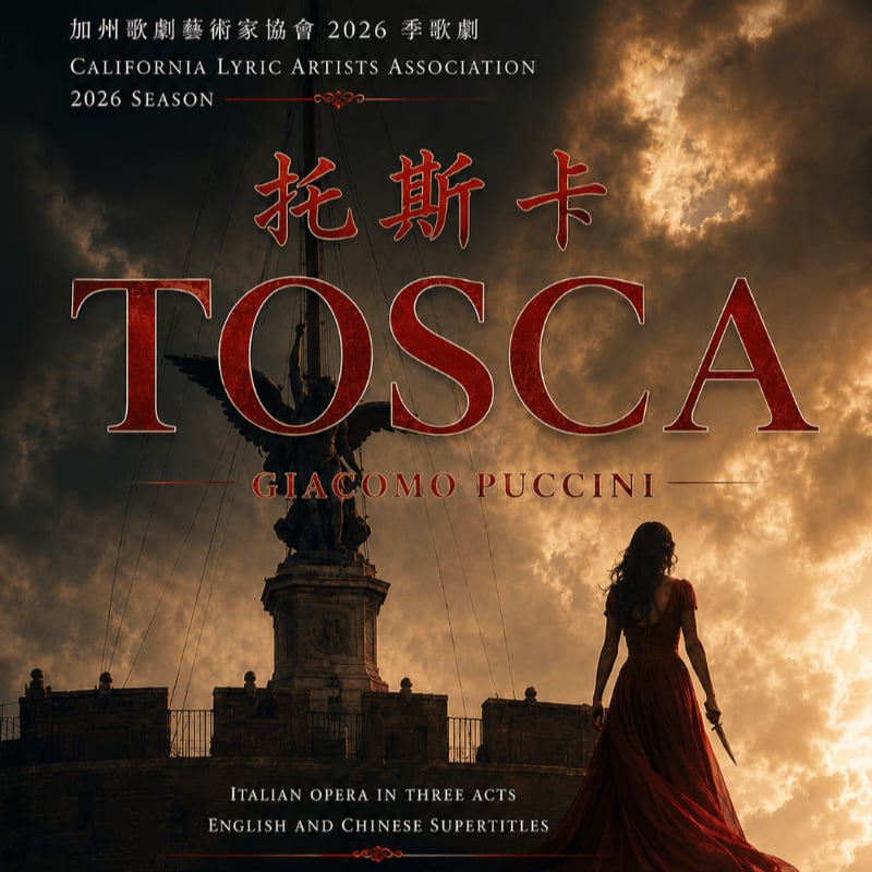 A woman in a red dress stands with a knife in the foreground, facing a monument against a dramatic, cloudy sky in the background, advertising Puccini's opera "Tosca."