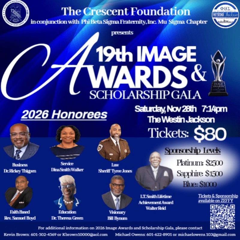 A blue background displays the 19th Image Awards & Scholarship Gala poster, featuring honorees and event details in the foreground.
