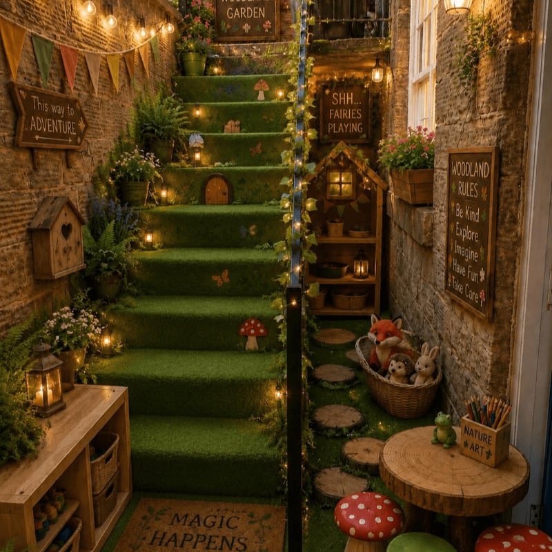 A whimsical, fairy-tale-themed staircase covered in green turf and adorned with miniature houses, mushrooms, and fairy lights ascends between stone walls, leading to a hidden garden.