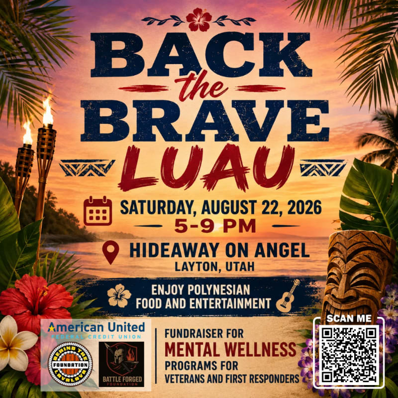 A luau-themed poster for "Back the Brave Luau" on August 22, 2026, features tropical foliage and tiki masks in the foreground against a sunset sky with event details.