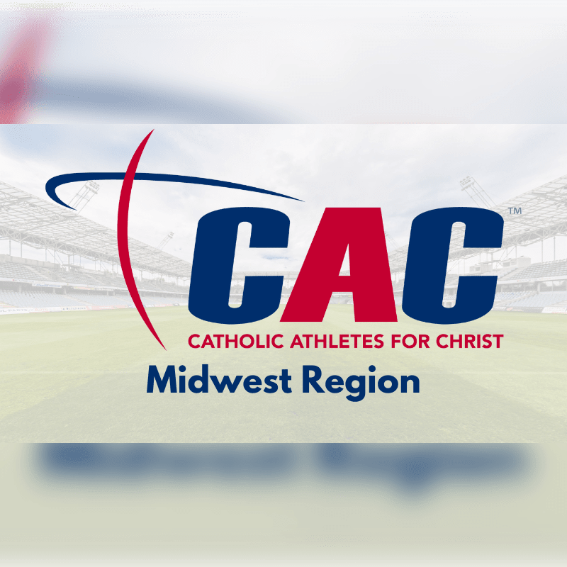 A logo for "Catholic Athletes for Christ Midwest Region" is superimposed over a blurred stadium background with a green field in the foreground.