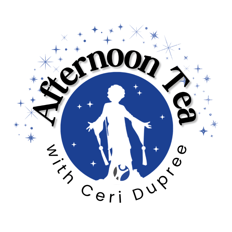 A white silhouette of a person in flowing robes stands within a blue circle against a background of sparkling stars and the words "Afternoon Tea with Ceri Dupree."