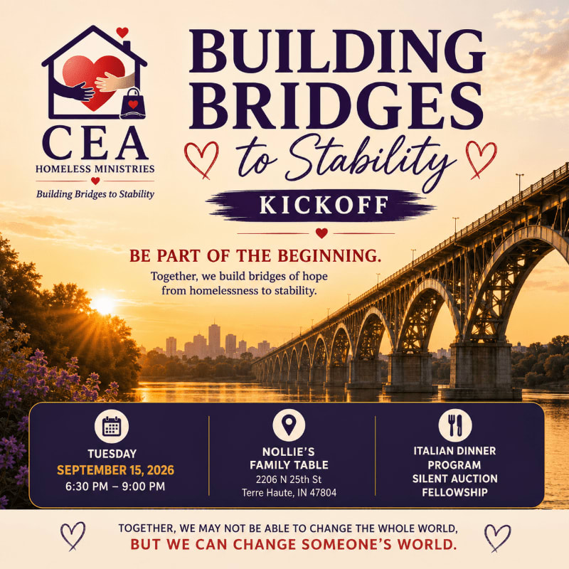 A bridge spans a river at sunset in the background, while the foreground displays event details for a "Building Bridges to Stability Kickoff" hosted by CEA Homeless Ministries.