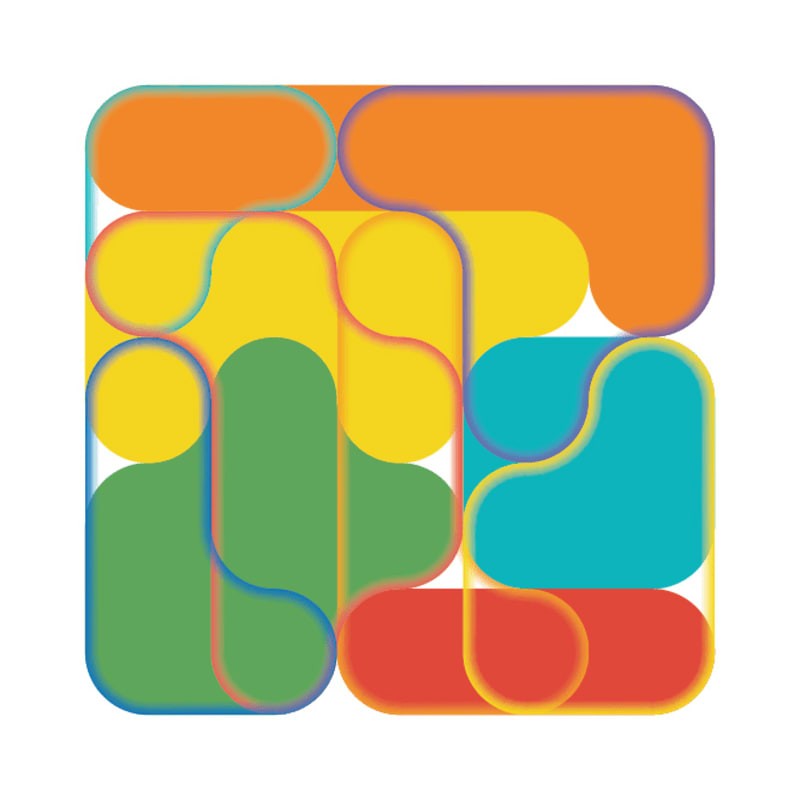 Colorful, rounded abstract shapes overlap and interlock against a white background.