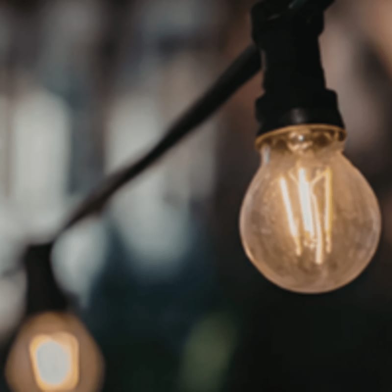 A string of glowing Edison bulbs hangs in the foreground against a softly blurred background of muted colors.