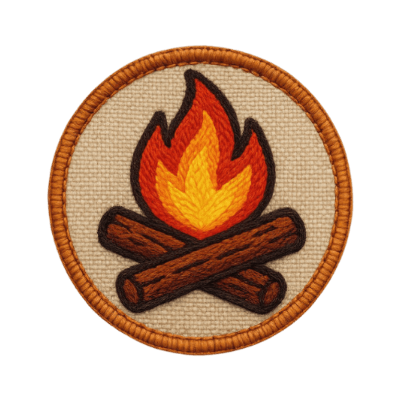 A circular patch with a campfire in the foreground is set against a textured, light brown background.