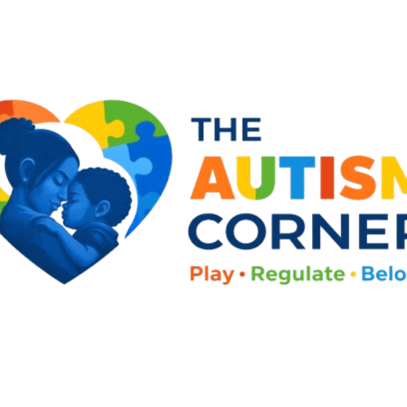 A mother and child embrace within a colorful puzzle-piece heart, next to the text "THE AUTISM CORNER" with the tagline "Play • Regulate • Belong".