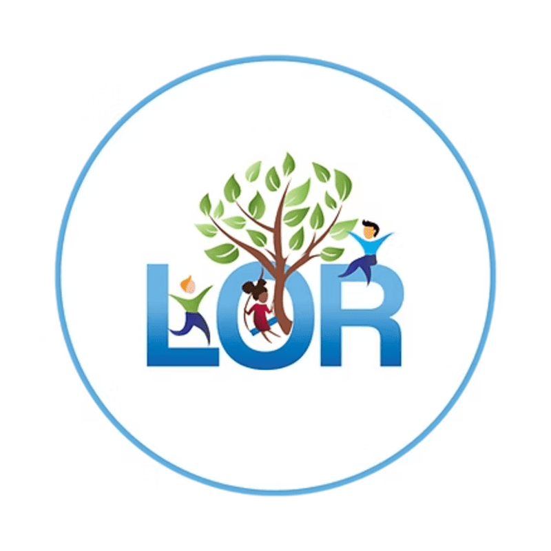 Children play around the letters "LOR" and a tree within a blue circle.