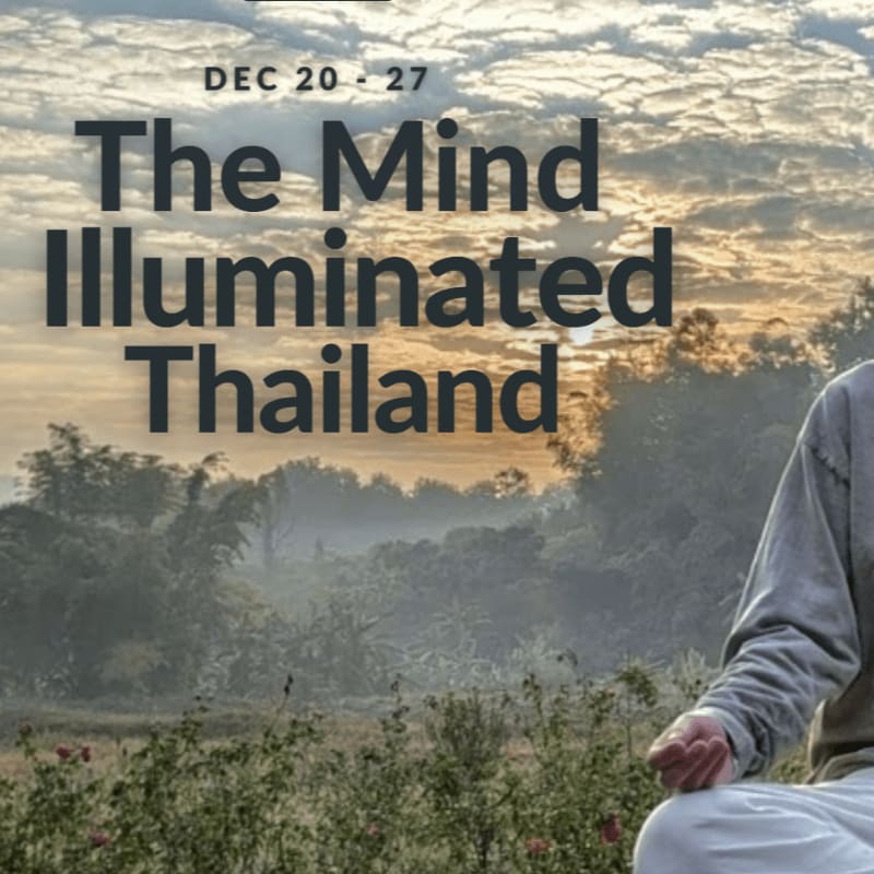 A person meditates in the foreground against a misty, sun-drenched landscape with text overlaying the scene.