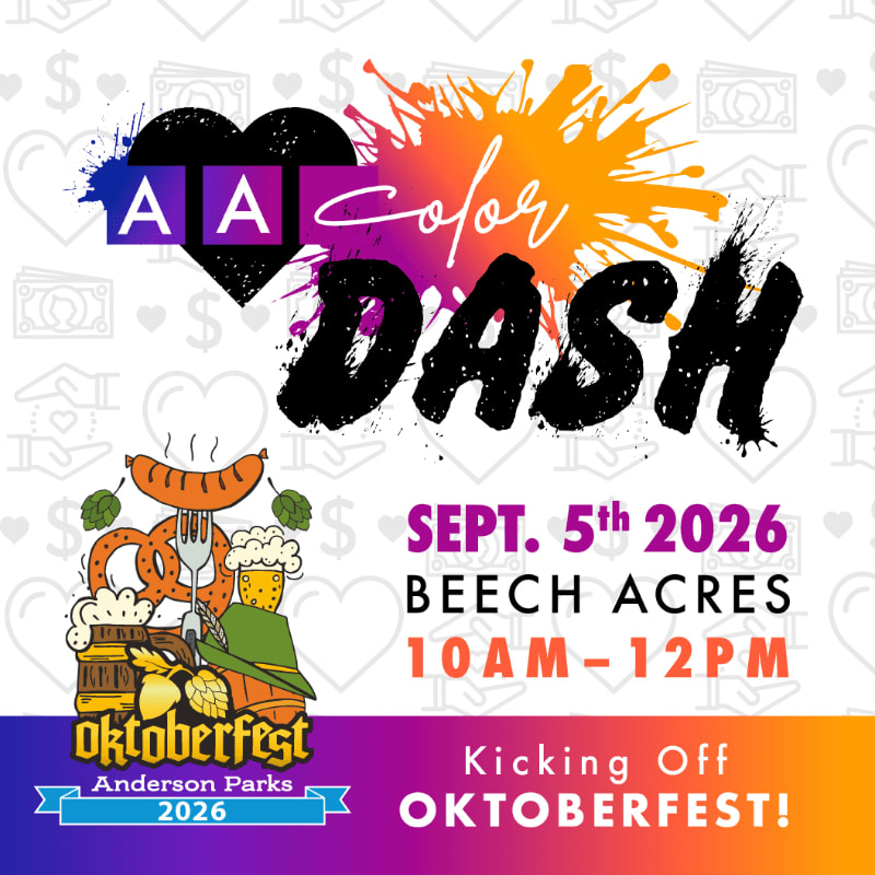 A colorful "Color Dash" event poster for Oktoberfest in Beech Acres on September 5th, 2026, features a cartoon of a sausage, pretzels, and beer in the foreground against a background of money and heart icons.