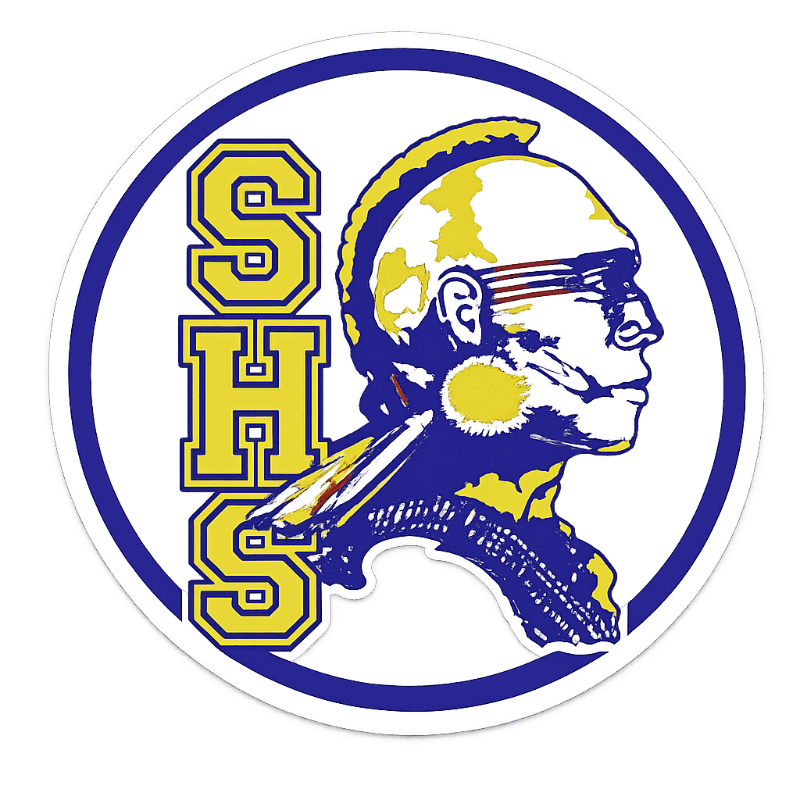 A stylized Native American profile in yellow and blue is superimposed on a blue and white circular background with the letters "SHS" in yellow.