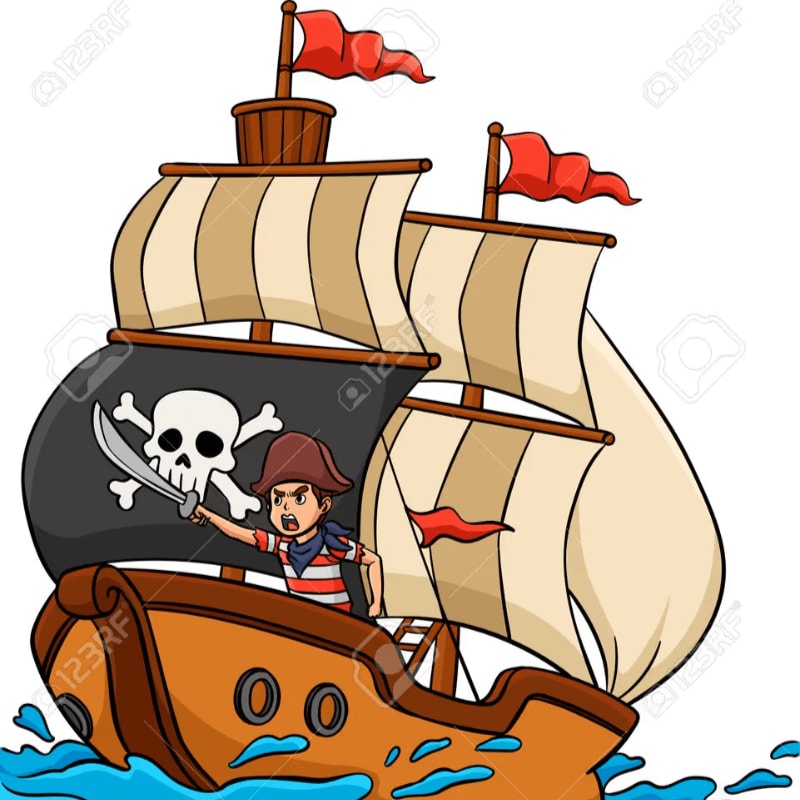 A cartoon pirate with a sword stands on a wooden ship with sails and a Jolly Roger flag, sailing on blue waves against a white background.