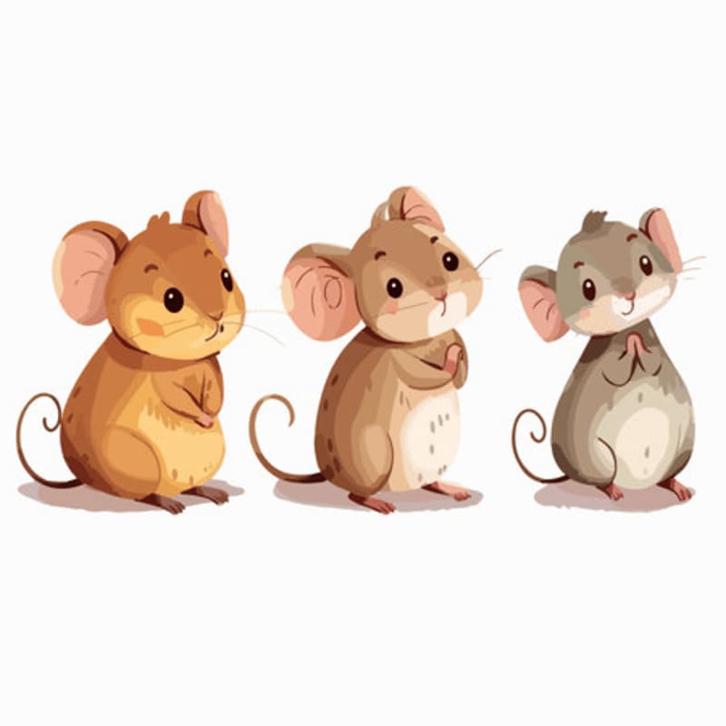 Three cartoon mice with large ears and curly tails sit in the foreground against a plain white background.