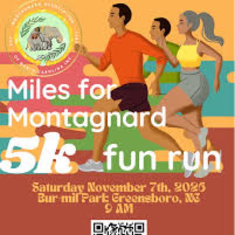 Three runners race across a colorful background advertising a "Miles for Montagnard 5k fun run" on Saturday, November 7th, 2025, at Bur-mil Park in Greensboro, NC.