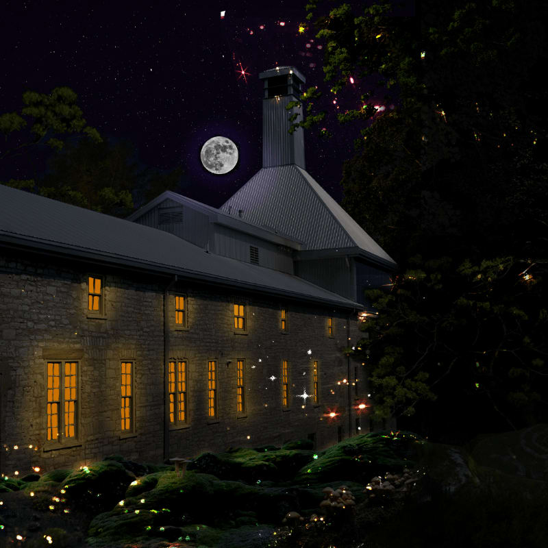 A stone building with glowing windows sits in the foreground, while a full moon and starry sky are visible in the background.
