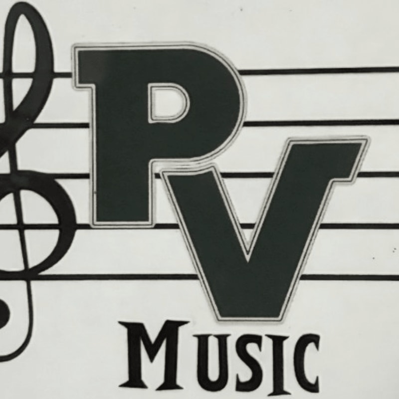 A treble clef and the letters "PV" are superimposed on a musical staff, with the word "MUSIC" below.
