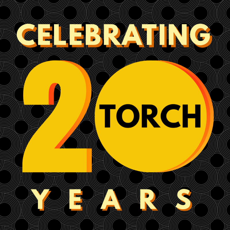 Large yellow numbers "20" and the word "TORCH" are prominently displayed in the foreground against a dark background with a repeating circular pattern.