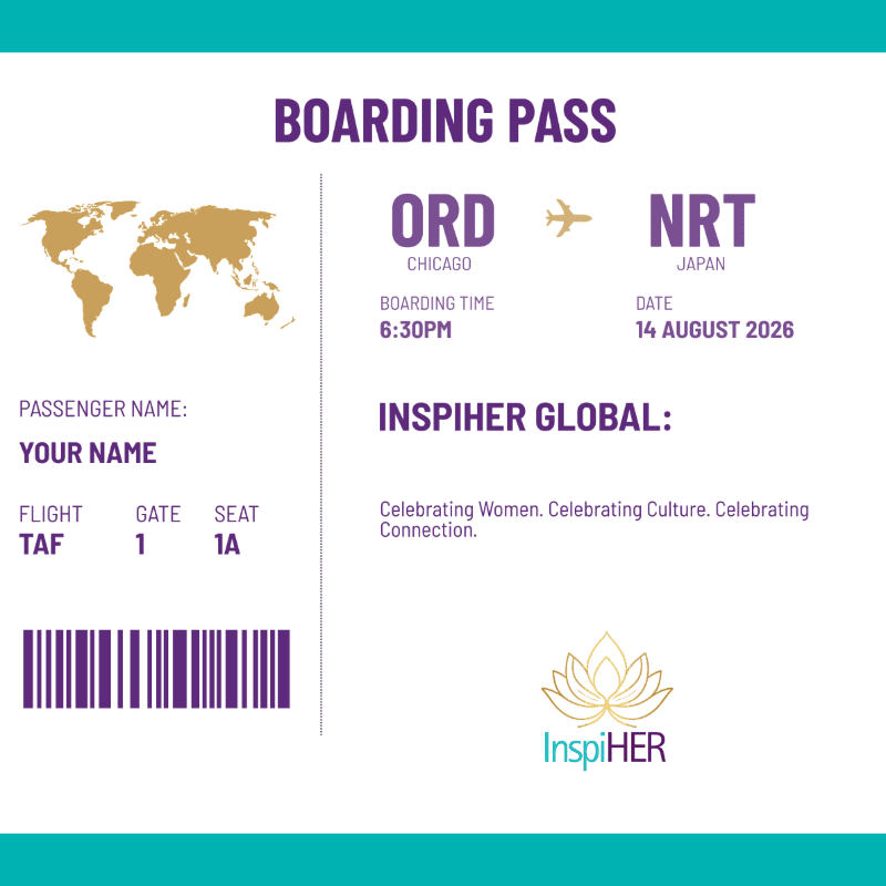 A stylized boarding pass with a world map in the background and event details in the foreground.