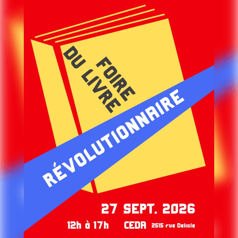 A stylized yellow book with red pages is diagonally crossed by a blue banner reading "RÉVOLUTIONNAIRE" against a vibrant red background, with event details at the bottom.
