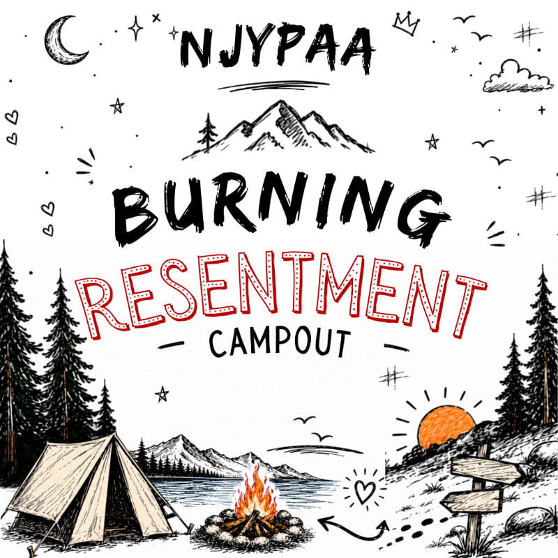 A tent and campfire are set up in a snowy landscape with mountains and a lake in the background, under a starry sky with the words "NJYPAA BURNING RESENTMENT CAMPOUT" written above.
