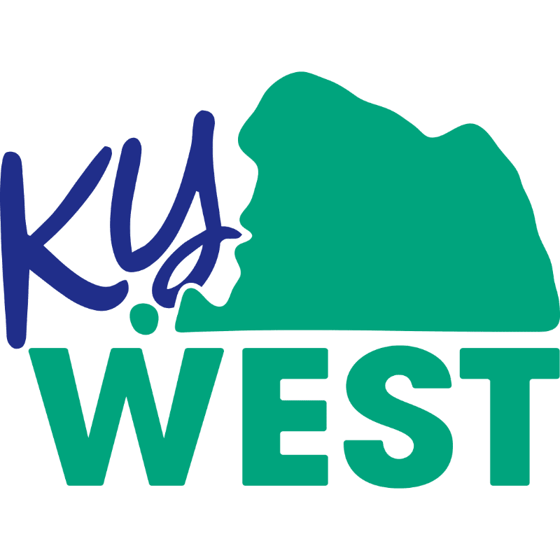 The foreground displays the words "KY WEST" in blue and green, with a green silhouette of Kentucky in the background.