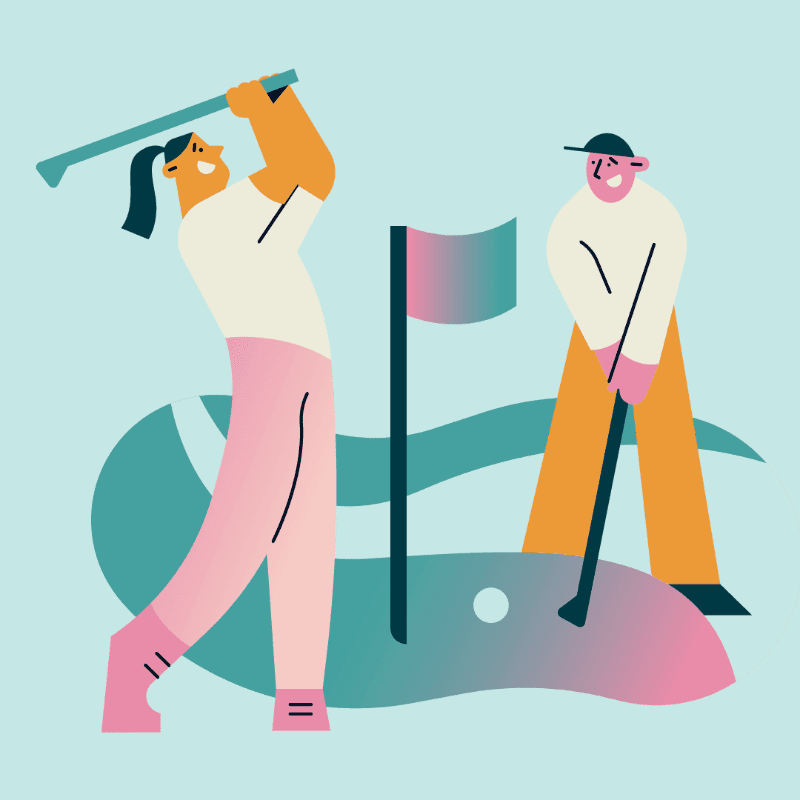 Two people are playing golf on a light blue background, with one swinging a club and the other standing near a golf hole.