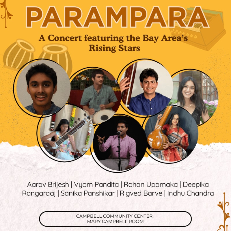 A concert poster for "Parampara" features portraits of young musicians in the foreground against a yellow background with decorative elements and event details.