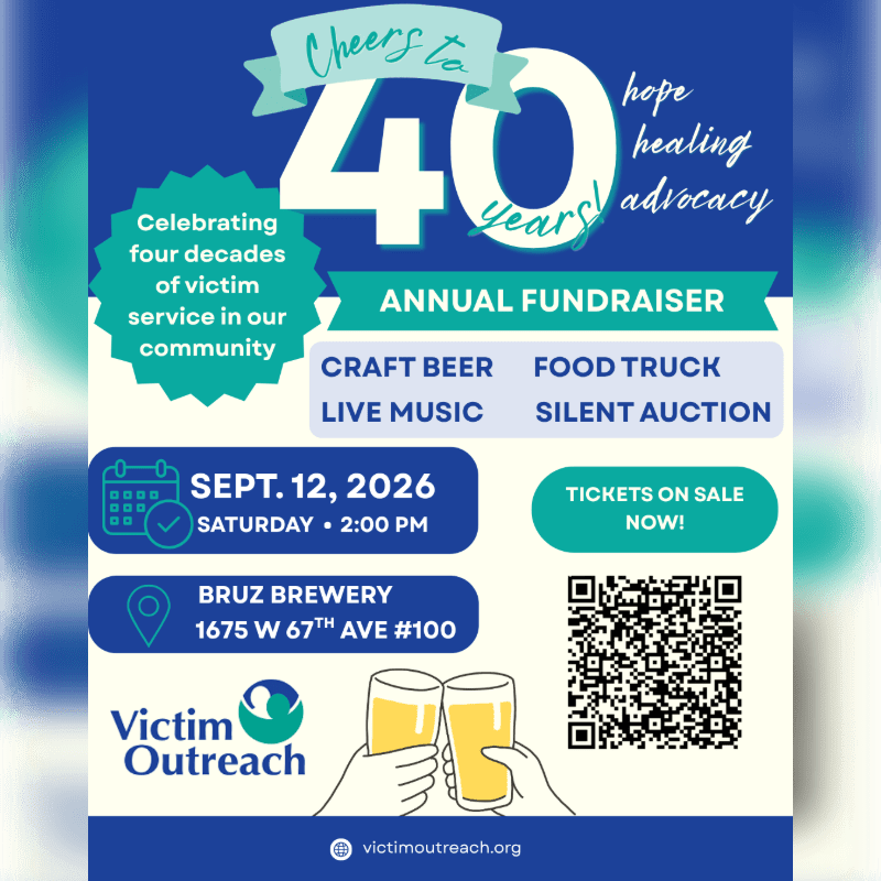 A flyer for Victim Outreach's 40th anniversary annual fundraiser at Bruz Brewery on September 12, 2026, features a graphic of two raised beer glasses in the foreground and event details against a blue and cream background.